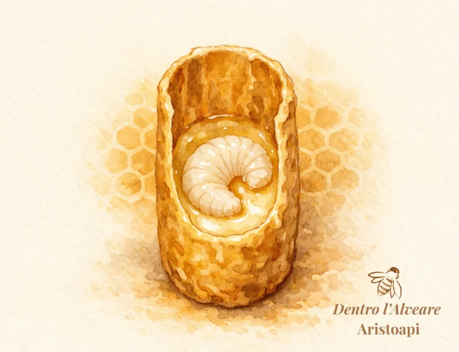 Illustrazione esempio di celle reali delle api, visuale aperta con larva e pappa reale