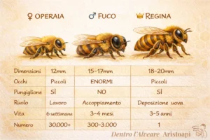 Confronto api: differenze tra operaia, fuco maschio e regina - dimensioni e caratteristiche