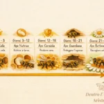 Infografica timeline vita ape operaia: 1-3 giorni pulizia, 3-12 nutrice, 12-18 costruttrice, 18-21 guardia, 21-42 bottinatrice