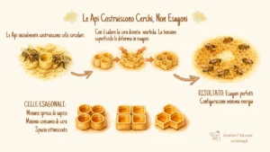 Illustrazione di come le api costruiscono celle circolari. La tensione superficiale della cera le trasforma in celle esagonali  