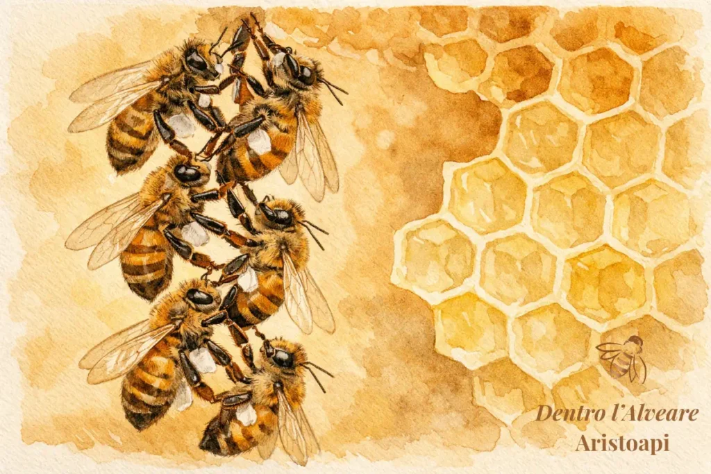 Api ceraiole formano catena vivente per costruire favo di cera con celle esagonali perfette