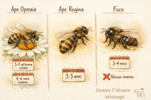 Infografica comparativa: durata vita ape operaia (5-7 settimane estate, 4-6 mesi inverno), regina (3-5 anni) e fuco (3-4 mesi)