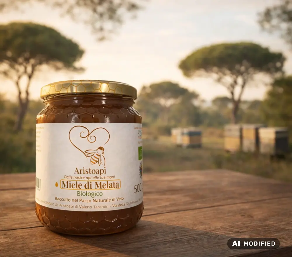 Vasetto reale di miele biologico Aristoapi con ambientazione generata con AI